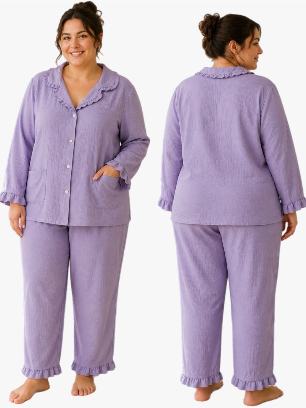 Women’s Plus Size 2X Lavender Lilac Pastel Purple Ruffle Trim Button Pajama Set
